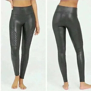SPANX Faux Leather Moto Legging High Waisted Ribbed Gunmetal Metallic Gray NWOT
